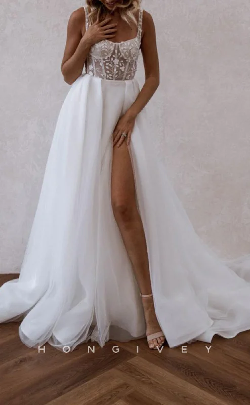 Price Slash Event H1512 - Sexy Tulle A-Line Bateau Straps Illusion Empire Appliques With Side Slit Train Wedding Dress Price Slash Event H1512 - Sexy Tulle A-Line Bateau Straps Illusion Empire Appliques With Side Slit Train Wedding Dress