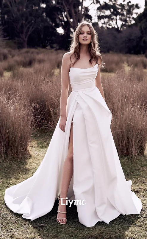 Shop Now, Save More LW029 - A line Strapless Satin Wedding Dress with Slit