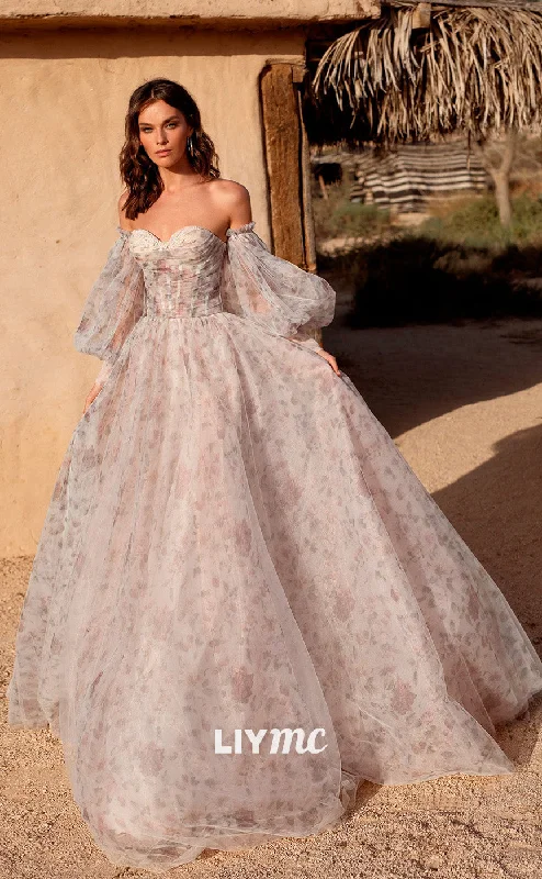 Hot Sale Items LW097 - A Line Sweetheart Long Sleeves Ruched Floral Tulle Long Wedding Dress Hot Sale Items LW097 - A Line Sweetheart Long Sleeves Ruched Floral Tulle Long Wedding Dress