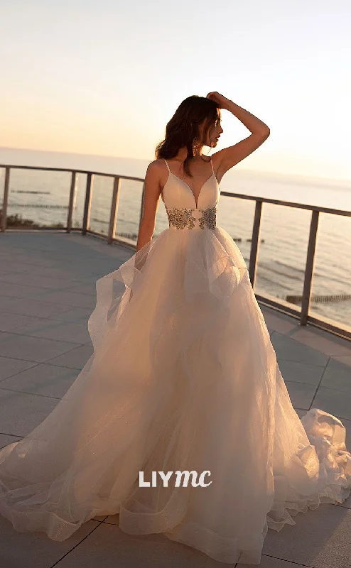 Weekend Low Prices LW217 - V Neck Spaghetti Straps Beaded Satin Tiered Tulle Long Wedding Ball Gown
