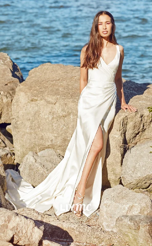 Weekend Exclusive Bargains LW230 - Simple V Neck Ruched Satin Sheath Long Wedding Dress With Slit Weekend Exclusive Bargains LW230 - Simple V Neck Ruched Satin Sheath Long Wedding Dress With Slit