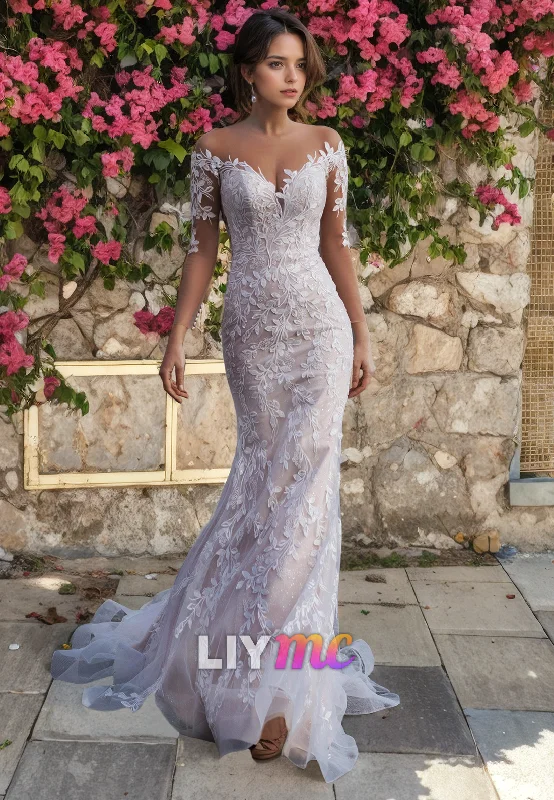 Seasonal Sale LW325 - Illusion Neckline Long Sleeves Lace Mermaid Wedding Dress