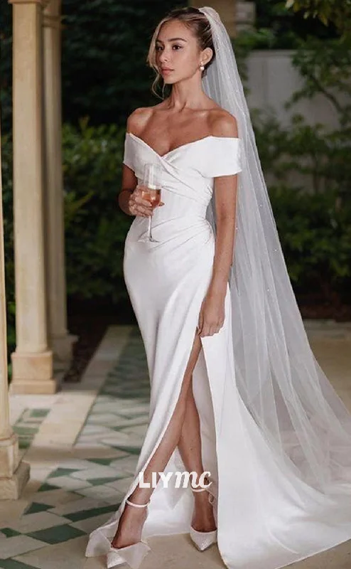 Weekend Exclusive Discounts LW576 - Sheath Column Off-the-Shoulder Chapel Train Charmeuse Wedding Dresses With Leg Slit Weekend Exclusive Discounts LW576 - Sheath Column Off-the-Shoulder Chapel Train Charmeuse Wedding Dresses With Leg Slit