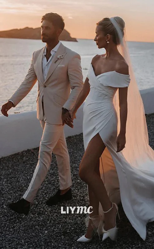 Weekend Shopping Fiesta LW577 - Sheath Column Off-the-Shoulder Chapel Train Charmeuse Wedding Dresses With Leg Slit Weekend Shopping Fiesta LW577 - Sheath Column Off-the-Shoulder Chapel Train Charmeuse Wedding Dresses With Leg Slit