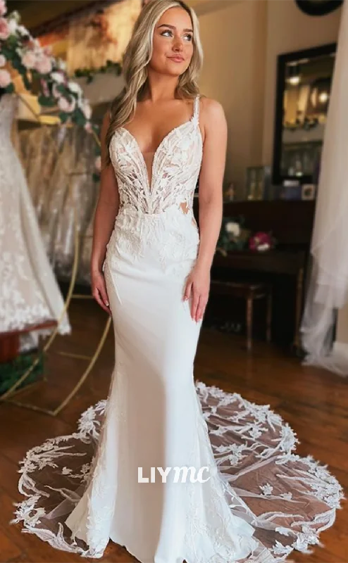 Weekend Deal Fever LW601 - Mermaid Low V-Neck Appliques Backless Beach Wedding Dress Weekend Deal Fever LW601 - Mermaid Low V-Neck Appliques Backless Beach Wedding Dress