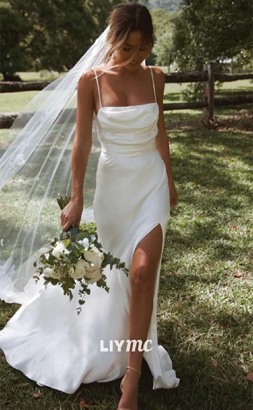 Weekend Markdowns LW604 - Straight Across Spaghetti Straps Sleek Satin High Slit Beach Wedding Dress Weekend Markdowns LW604 - Straight Across Spaghetti Straps Sleek Satin High Slit Beach Wedding Dress