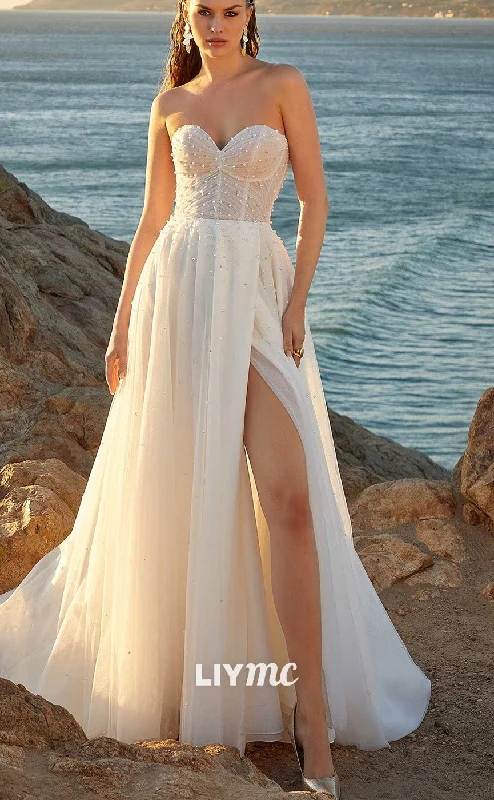 Exclusive Pricing LW893 - Sweetheart Sleeveless Pleated Beaded A-Line High Slit Beach Weding Dress Exclusive Pricing LW893 - Sweetheart Sleeveless Pleated Beaded A-Line High Slit Beach Weding Dress