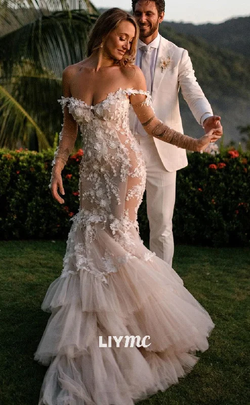 Limited-Time Bargains LW907 - Off-Shoulder Appliques Mermaid Tulle Wedding Dress