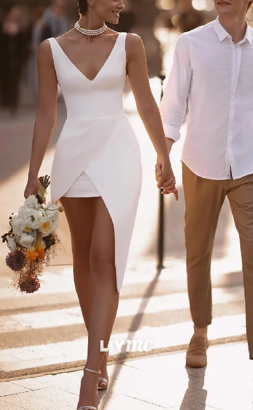 Sale of the Year LW928 - V-Neck Sleeveless Sleek Satin High Slit Beach Wedding Dress Sale of the Year LW928 - V-Neck Sleeveless Sleek Satin High Slit Beach Wedding Dress