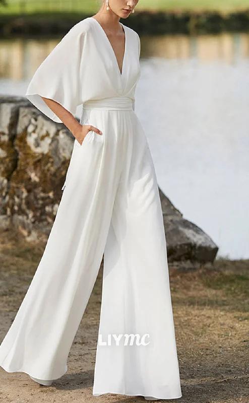 Sale Alert LW930 - Jumpsuit V-Neck Sleek Satin Long Sleeves Beach Wedding Dress