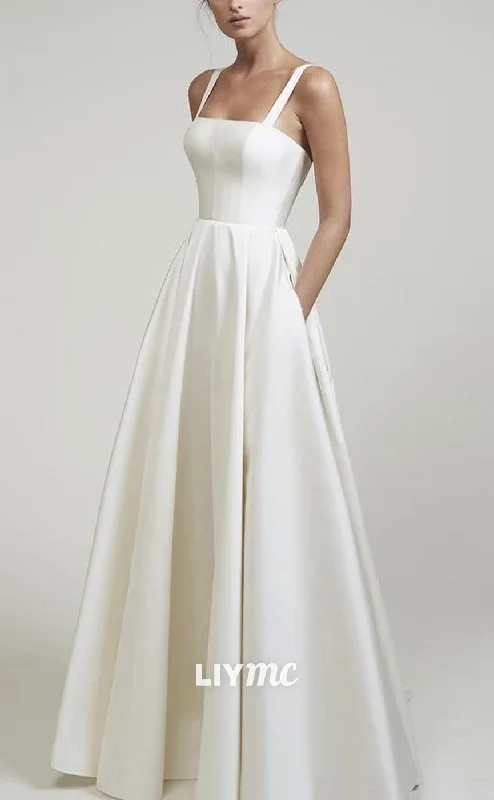 Weekend Hot Savings LW942 - Square Sleeveless Sleek Satin Pleated A-Line Beach Wedding Dress