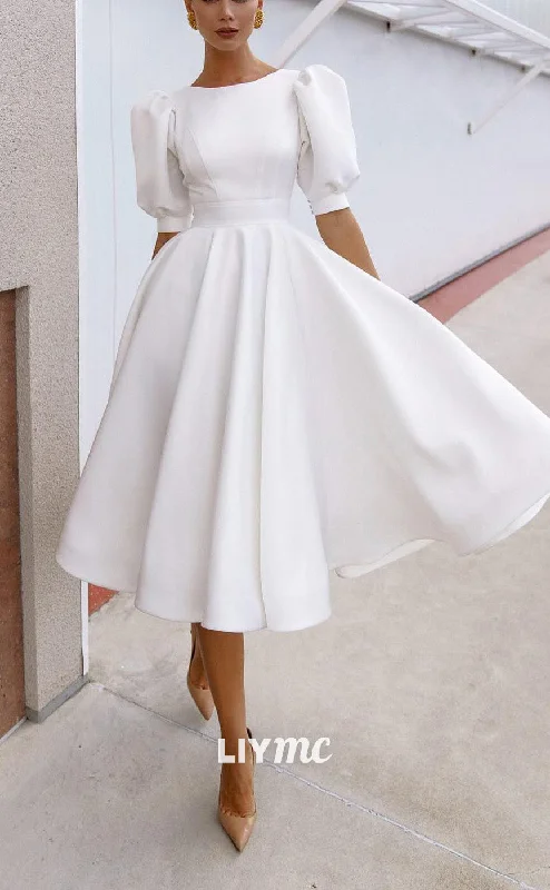 Weekend Bargain Shopping LW943 - Scoop Puff Sleeves Cut Outs A-Line Pleated Short Beach Wedding Dress