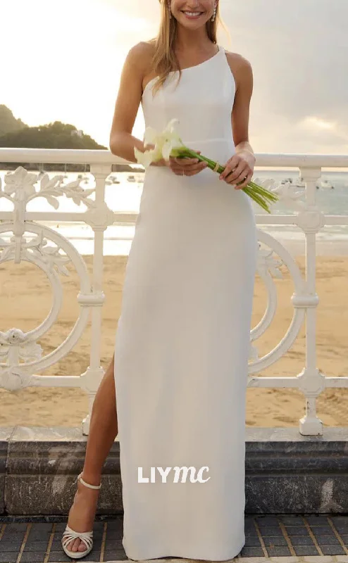 Weekend Only Savings LW944 - Asymmetrical Sleeveless Sleek Satin Side Slit Beach Wedding Dress