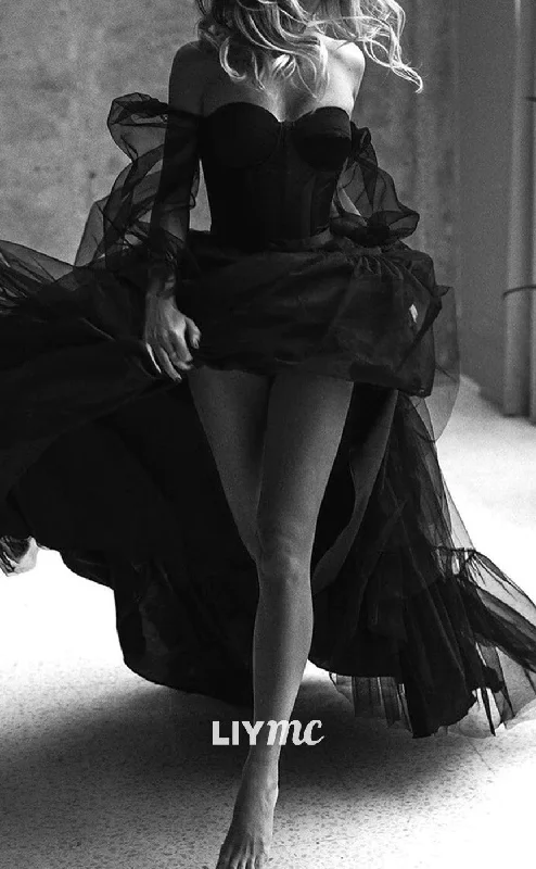 Shop More, Save More LW949 - Sweetheart Long Sleeves Tulle Ball Gown High Slit Black Wedding Dress Shop More, Save More LW949 - Sweetheart Long Sleeves Tulle Ball Gown High Slit Black Wedding Dress