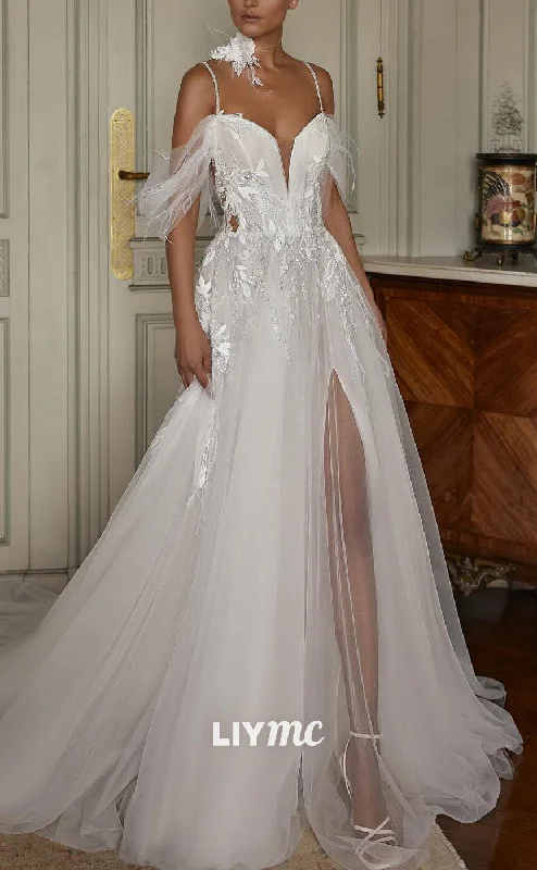 Exclusive Savings Event LW950 - Off-Shoulder Spaghetti Straps Appliques Tulle A-Line High Slit Beach Wedding Dress Exclusive Savings Event LW950 - Off-Shoulder Spaghetti Straps Appliques Tulle A-Line High Slit Beach Wedding Dress