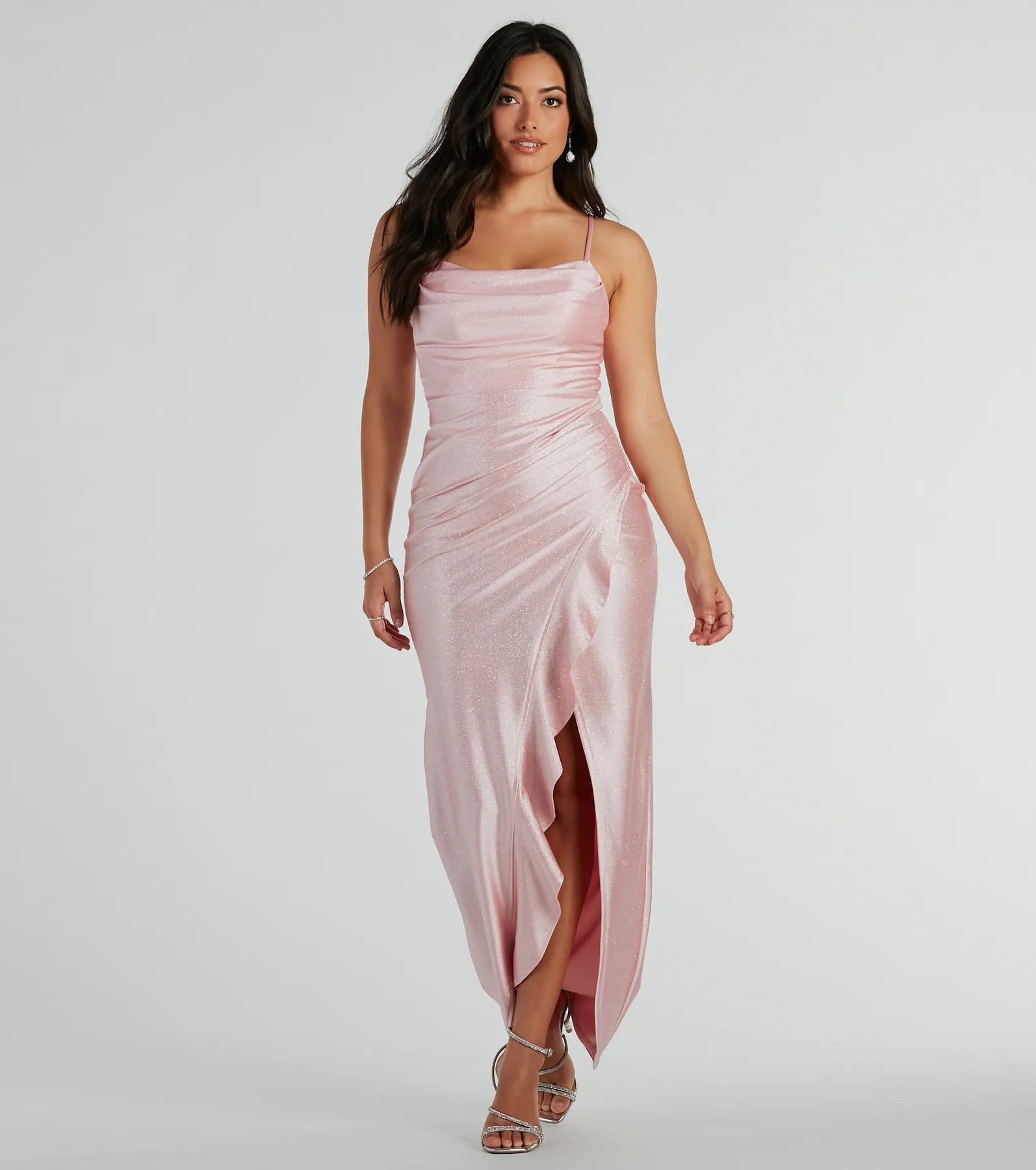 Weekend Bargain Time Ellen Ruffled Slit Long Glitter Formal Dress