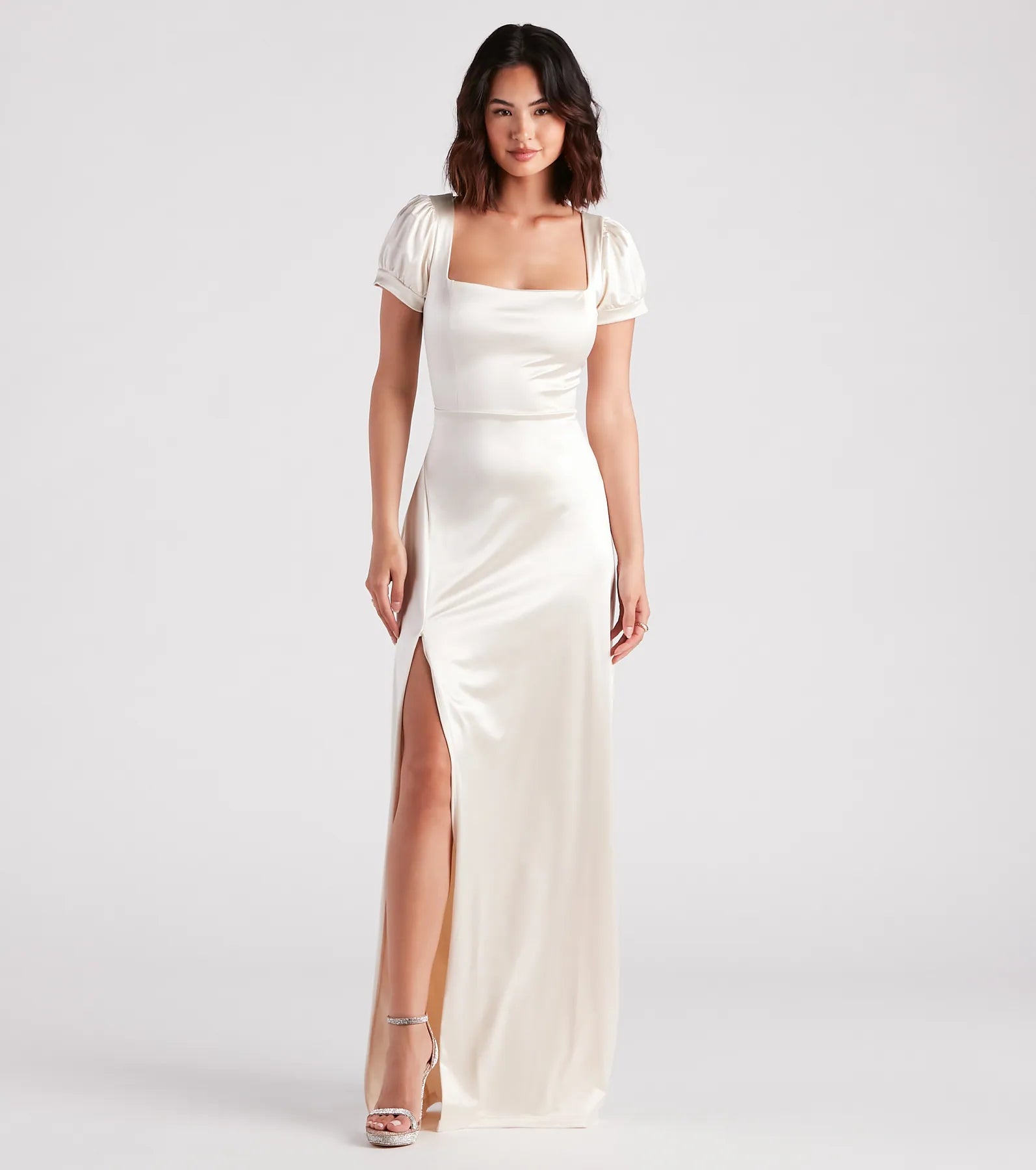 Weekend Only Sale Emelia Satin Puff Sleeve High Slit Formal Dress