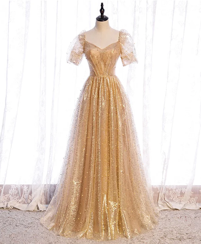 Get It Now Gold Aline Tulle V Neck Long Prom Dress, Gold Formal Dresses