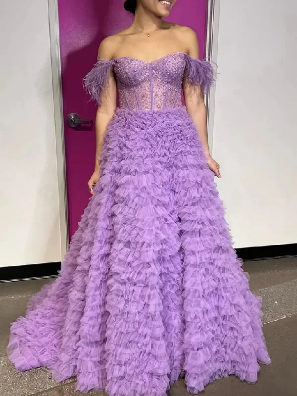 Super Price Drop Gorgeous Off Shoulder Beaded Purple Tulle Long Prom Dresses, Gorgeous Off the Shoulder Purple Formal Evening Dresses