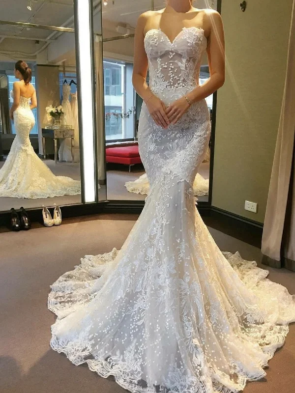 Gorgeous Strapless Mermaid Backless White Lace Wedding Dresses Long Prom Dresses, Mermaid White Lace Formal Dresses, Backless Lace White Evening Dresses