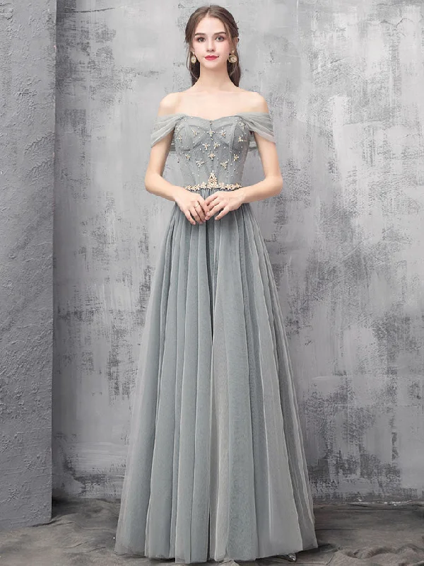 Big Offers Gray A-line Off Shoulder Tulle Beads Long Prom Dress, Gray Evening Dress Big Offers Gray A-line Off Shoulder Tulle Beads Long Prom Dress, Gray Evening Dress