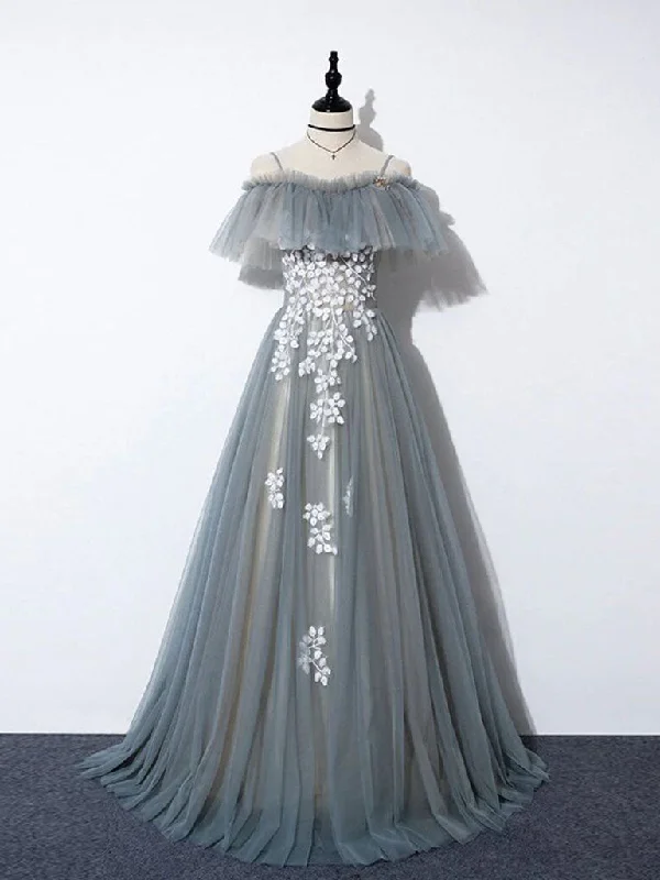 Weekend Flash Markdown Gray Blue A line Tulle Lace Long Prom Dress, Gray Blue Graduation Dresses Weekend Flash Markdown Gray Blue A line Tulle Lace Long Prom Dress, Gray Blue Graduation Dresses