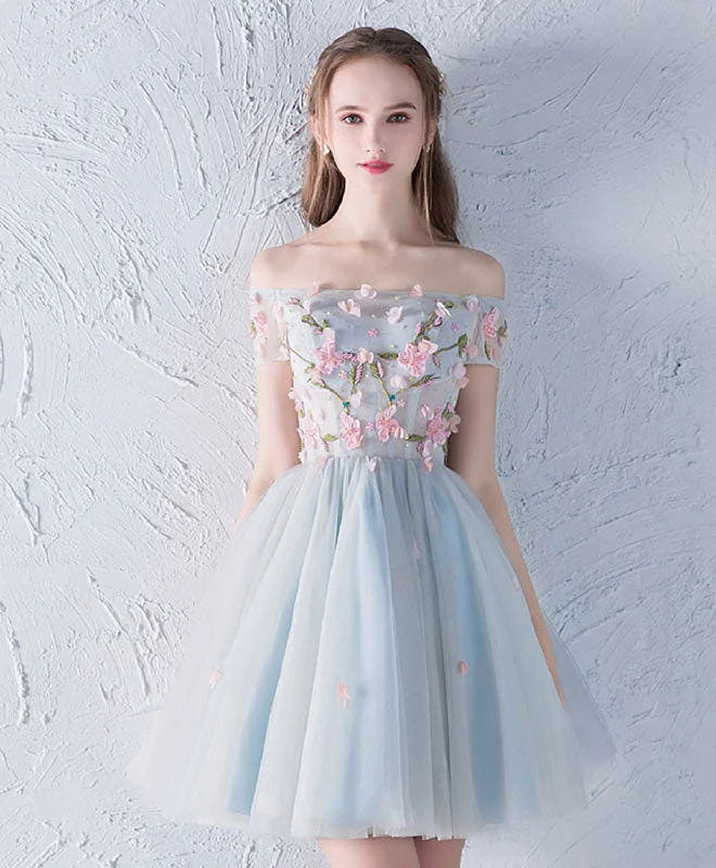 Weekend Savings Bonanza Gray Blue Tulle Lace Applique Short Prom Dress, Homecoming Dress