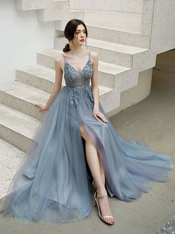 End-of-Season Sale Gray blue v neck tulle beads long prom dress, gray tulle formal dress