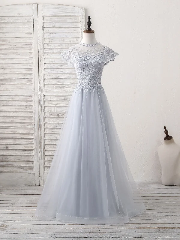 Gray Round Neck Lace Tulle Long Prom Dress, Gray Evening Dress