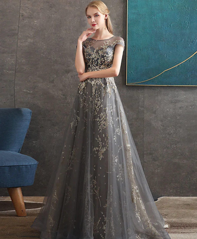 The Big Clearance Gray Round Neck Tulle Lace Long Prom Dress Gray Tulle Formal Dress