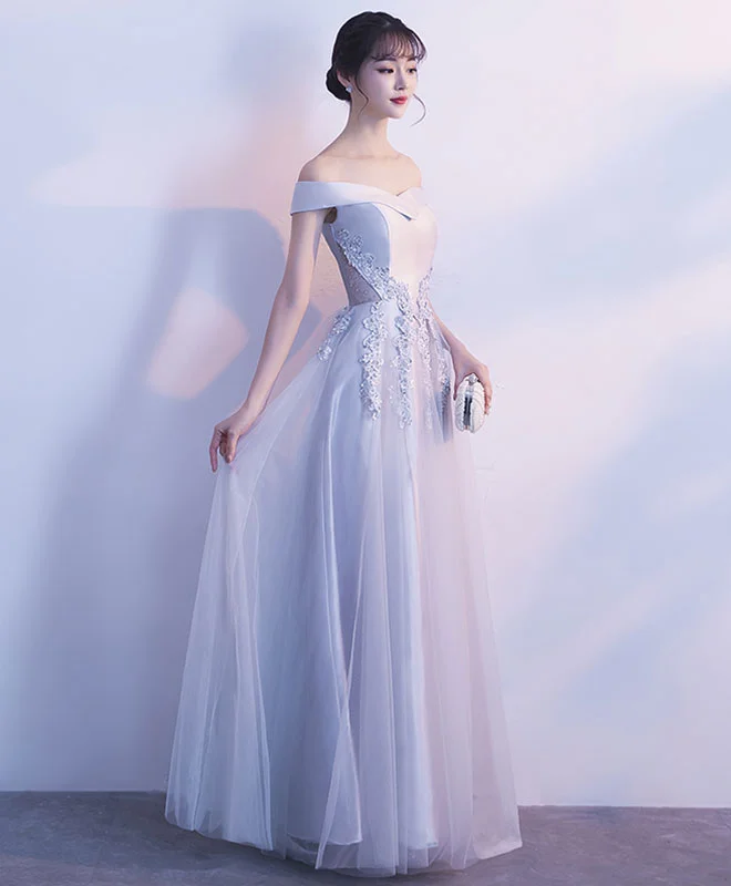 Weekend Exclusive Bargains Gray Tulle Lace Off Shoulder Long Prom Dress, Evening Dress Weekend Exclusive Bargains Gray Tulle Lace Off Shoulder Long Prom Dress, Evening Dress
