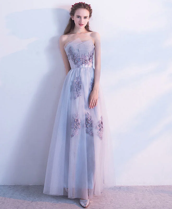 Weekend Sale Frenzy Gray Tulle Lace Long Prom Dress, Gray Tulle Evening Dress