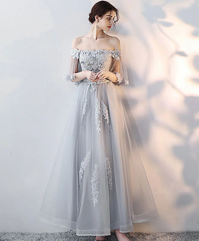Weekend Markdown Madness Gray Tulle Lace Long Prom Dress, Lace Evening Dress