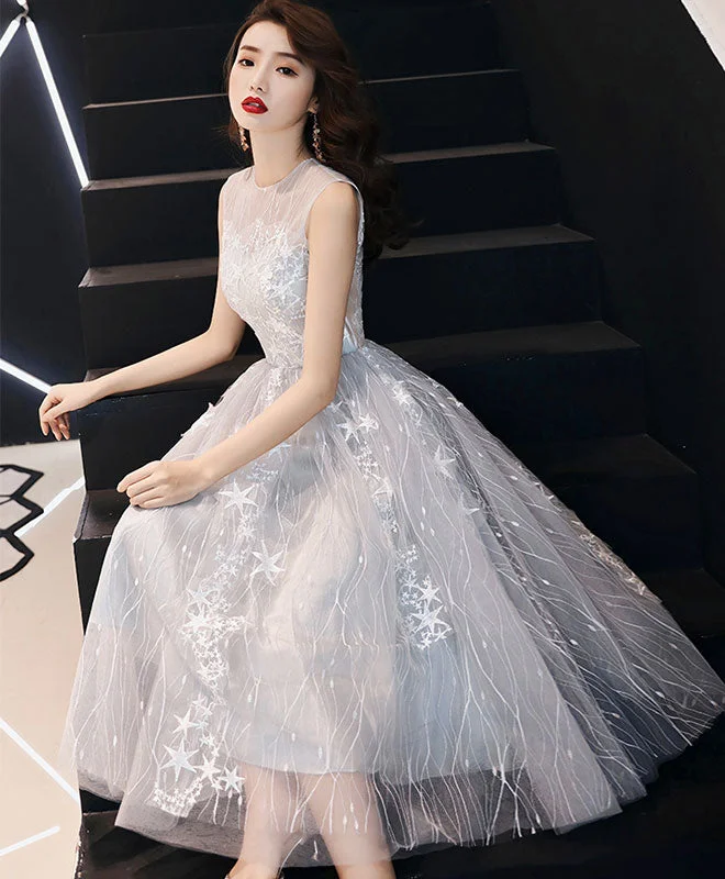 Massive Savings Event Gray Tulle Lace Short Prom Dress, Gray Homecoming Dress