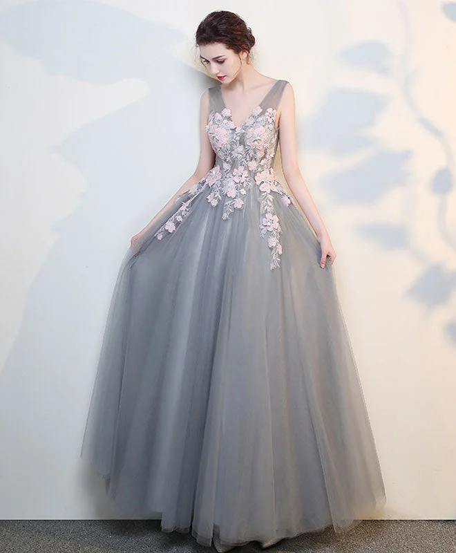 Weekend Shopping Spree Gray V Neck Lace Long Prom Dress, Grey Evening Dress
