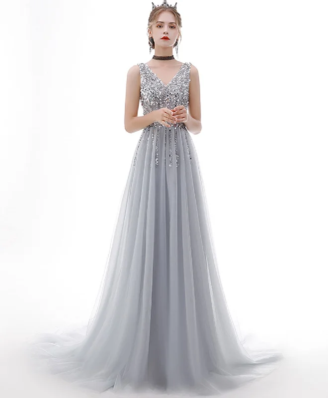 Crazy Price Cuts Gray V Neck Tulle Sequin Long Prom Dress Gray Tulle Formal Dress