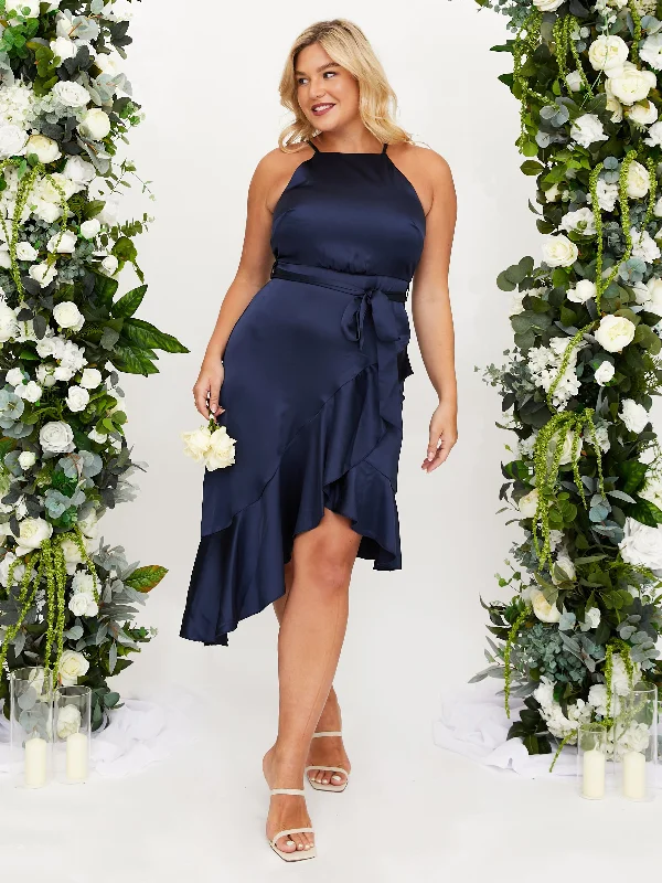 Super Deal Halter Frill Satin Midi Dress / Navy