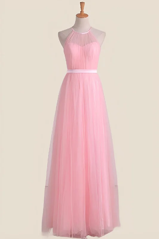 Weekend Hot Picks Halter Pink Pleated Tulle A-line Long Party Dress