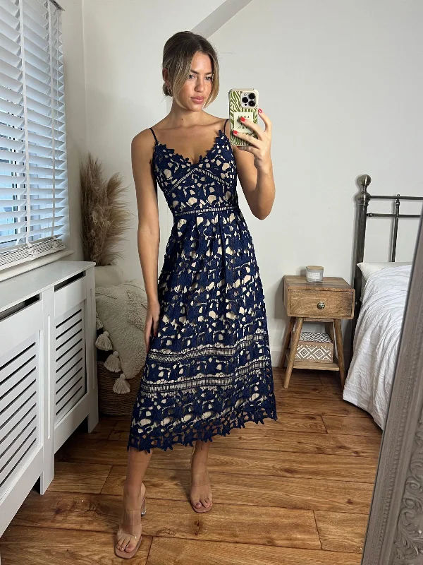 Hot Savings Alert Harmony Lace Strappy Midi Dress / Navy