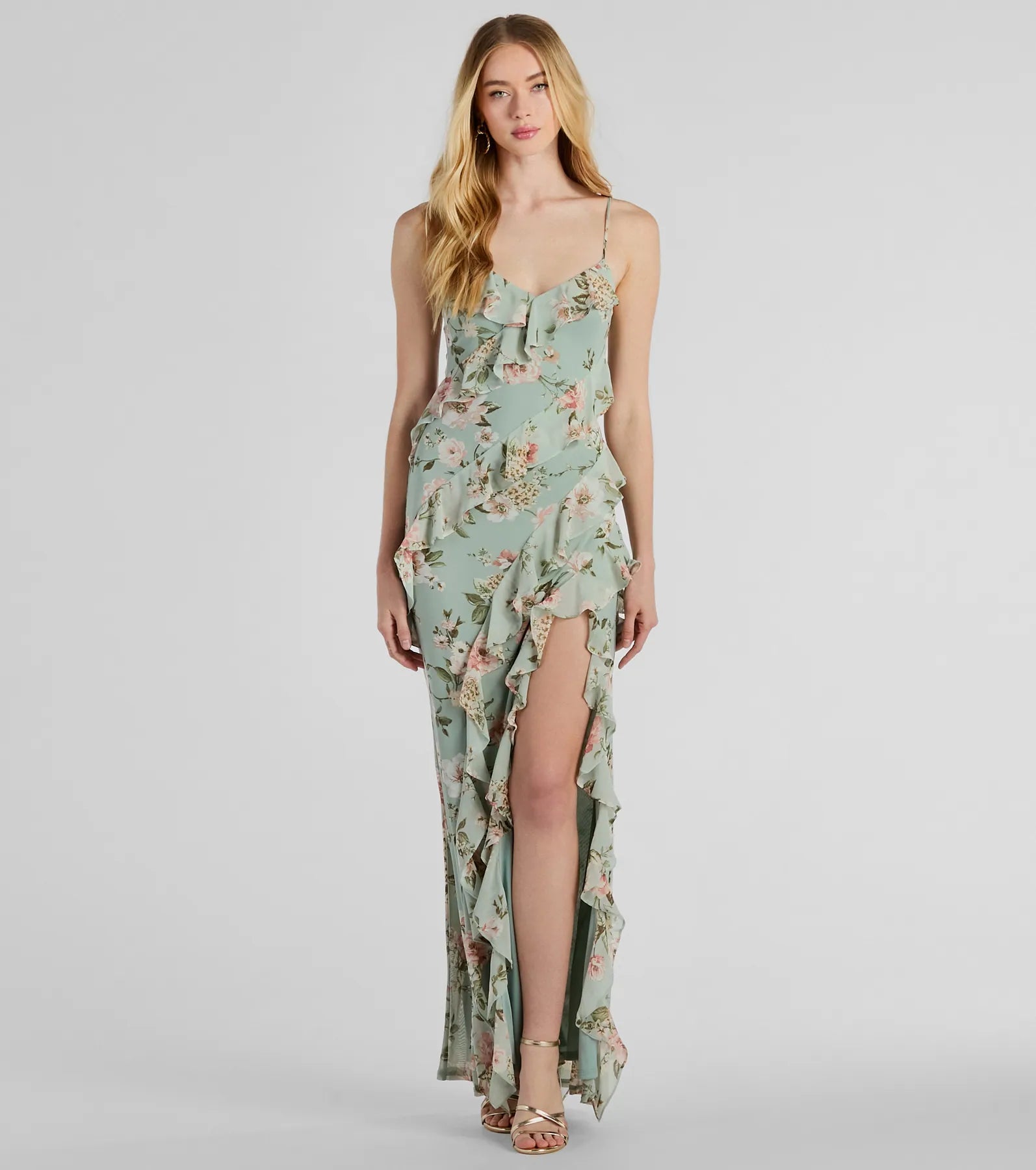 Weekend Promo Offers Helga V-Neck Ruffled Mermaid Floral Formal Dress