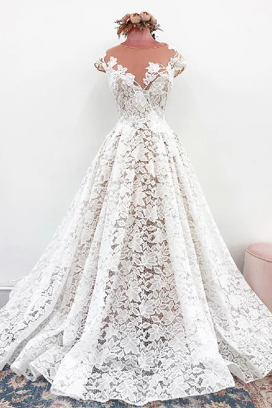 Weekend Exclusive Offers You’ll Love Illusion Neck All Over Lace Wedding Dress with Court Train