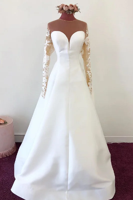 Weekend Deal Rush Illusion Neck Long Sleeves White Satin Bridal Gown with Appliques-Button