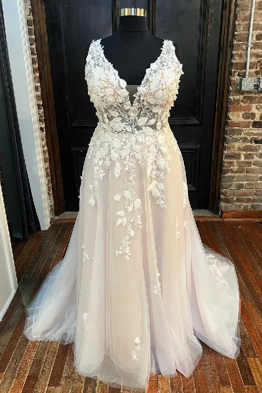 Weekend Hot Picks Ivory Appliques V-Neck Backless A-Line Long Wedding Dress