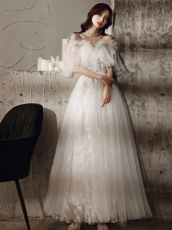 Weekend Clearance Event ivory sweetheart neck tulle lace long prom dress, tulle formal party dress