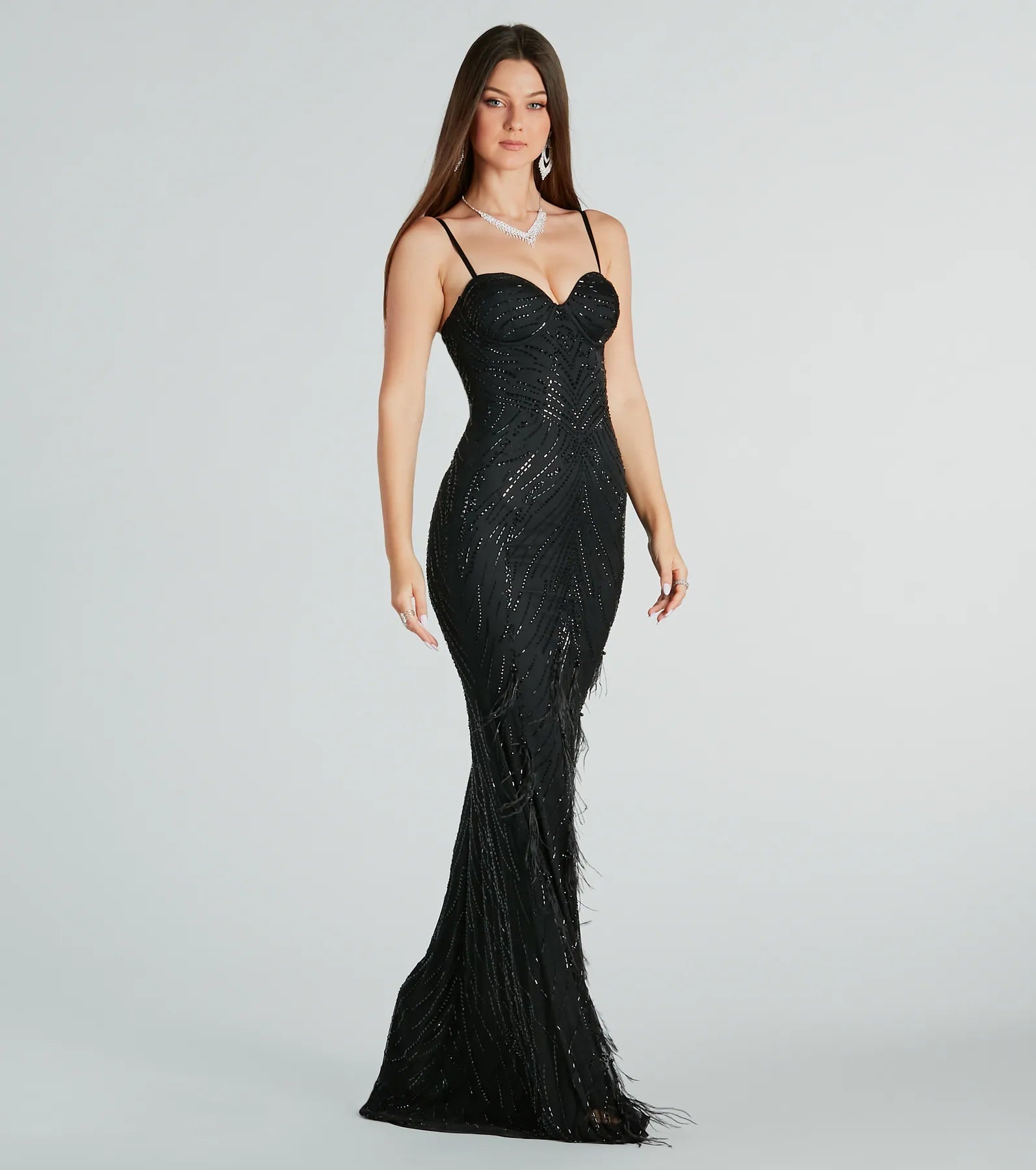 Kaaviya Formal Rhinestone Feather Mermaid Dress