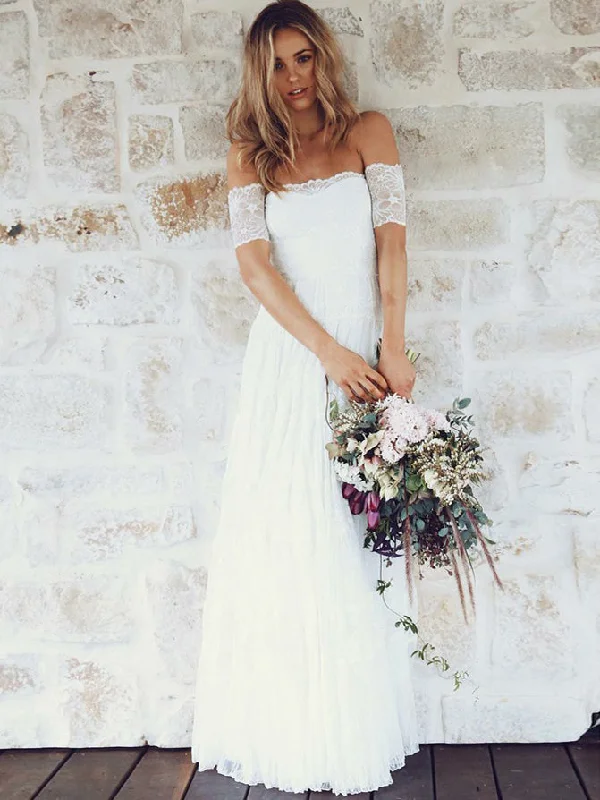 Weekend Super Sale Alert Lace Wedding Dresses Off-the-shoulder A Line Ivory Floor-length Chic Bridal Gown JKW328 Weekend Super Sale Alert Lace Wedding Dresses Off-the-shoulder A Line Ivory Floor-length Chic Bridal Gown JKW328