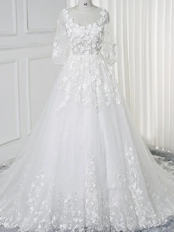 Extra Discount Lace Wedding Dresses Scoop Aline 3D Flowers Romantic 3/4-Length Sleeve White Bridal Gown JKW380 Extra Discount Lace Wedding Dresses Scoop Aline 3D Flowers Romantic 3/4-Length Sleeve White Bridal Gown JKW380