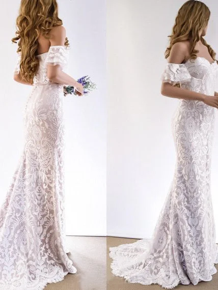 Weekend Sale Day Lace Wedding Dresses Sheath Off-the-shoulder Short Sleeve Romantic Beach Bridal Gown JKW348 Weekend Sale Day Lace Wedding Dresses Sheath Off-the-shoulder Short Sleeve Romantic Beach Bridal Gown JKW348
