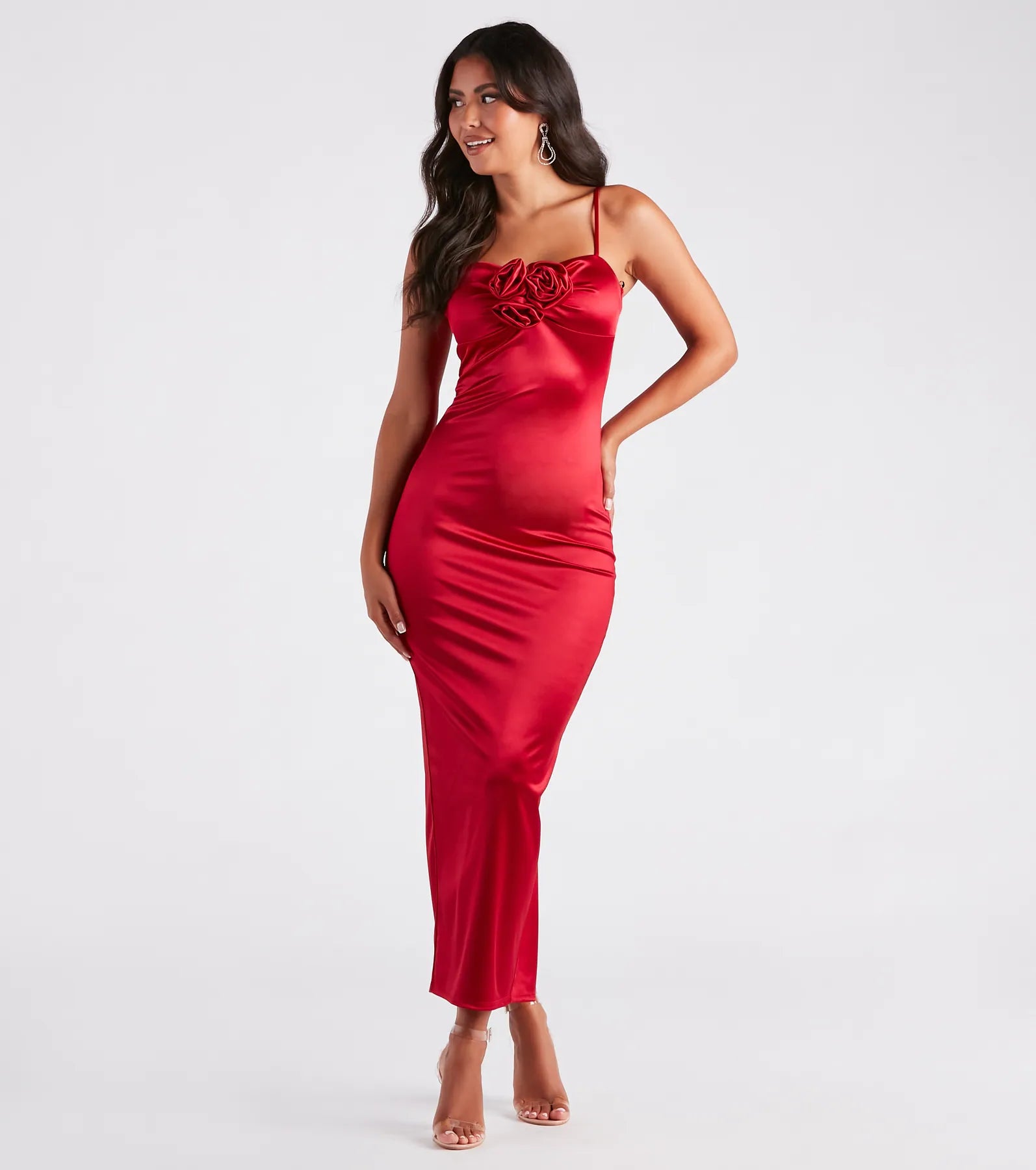 Weekend Best Price Deals Leia Rosette Applique Long Satin Formal Dress