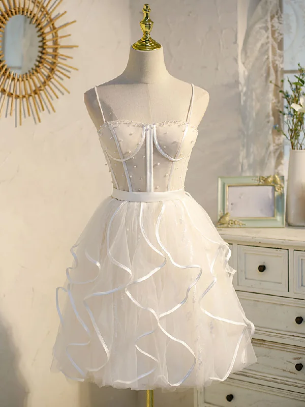 Unbeatable Offer Beige Tulle Short Prom Dress, Mini/Short Beige Homecoming Dresses
